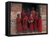 Young Monks in Red Robes with Alms Woks, Myanmar-Keren Su-Framed Stretched Canvas