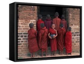 Young Monks in Red Robes with Alms Woks, Myanmar-Keren Su-Framed Stretched Canvas