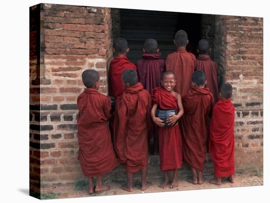 Young Monks in Red Robes with Alms Woks, Myanmar-Keren Su-Stretched Canvas