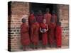 Young Monks in Red Robes with Alms Woks, Myanmar-Keren Su-Stretched Canvas