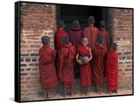 Young Monks in Red Robes with Alms Woks, Myanmar-Keren Su-Framed Stretched Canvas