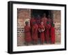 Young Monks in Red Robes with Alms Woks, Myanmar-Keren Su-Framed Premium Photographic Print