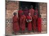 Young Monks in Red Robes with Alms Woks, Myanmar-Keren Su-Mounted Premium Photographic Print