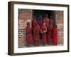 Young Monks in Red Robes with Alms Woks, Myanmar-Keren Su-Framed Photographic Print