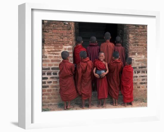 Young Monks in Red Robes with Alms Woks, Myanmar-Keren Su-Framed Photographic Print