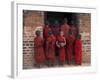 Young Monks in Red Robes with Alms Woks, Myanmar-Keren Su-Framed Photographic Print