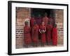 Young Monks in Red Robes with Alms Woks, Myanmar-Keren Su-Framed Photographic Print