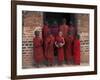 Young Monks in Red Robes with Alms Woks, Myanmar-Keren Su-Framed Photographic Print