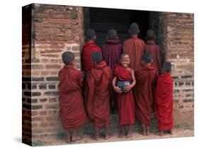 Young Monks in Red Robes with Alms Woks, Myanmar-Keren Su-Stretched Canvas