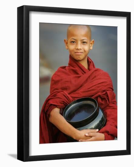 Young Myanmar Buddhist Monk Smiles Broadly as He Waits for Donations Early on a Yangon Street-null-Framed Photographic Print