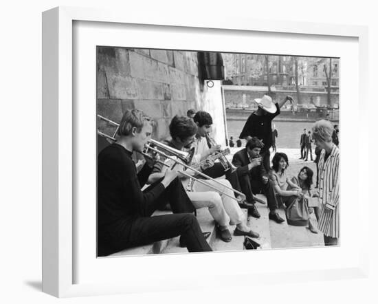 Young Parisian Musicians Enjoying an Impromptu Outdoor Concert on the Banks of the Seine River-Alfred Eisenstaedt-Framed Photographic Print