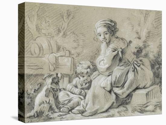 Young Peasant Woman Sitting with a Child and a Dog-null-Stretched Canvas