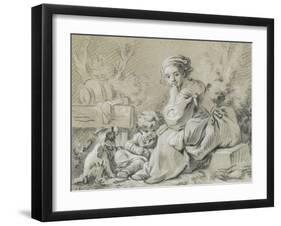 Young Peasant Woman Sitting with a Child and a Dog-null-Framed Giclee Print