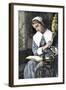 Young Puritan Woman Reading While Spinning at Her Wheel-null-Framed Giclee Print