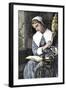 Young Puritan Woman Reading While Spinning at Her Wheel-null-Framed Giclee Print