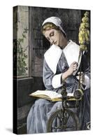 Young Puritan Woman Reading While Spinning at Her Wheel-null-Stretched Canvas