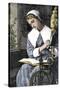 Young Puritan Woman Reading While Spinning at Her Wheel-null-Stretched Canvas
