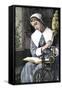 Young Puritan Woman Reading While Spinning at Her Wheel-null-Framed Stretched Canvas
