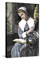 Young Puritan Woman Reading While Spinning at Her Wheel-null-Stretched Canvas