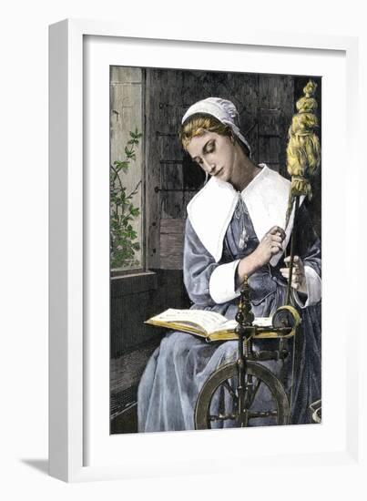 Young Puritan Woman Reading While Spinning at Her Wheel-null-Framed Giclee Print