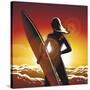 Young Surfer Girl with a Long Board on a Summer Beach-Olena Bogadereva-Stretched Canvas