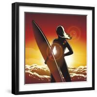 Young Surfer Girl with a Long Board on a Summer Beach-Olena Bogadereva-Framed Art Print