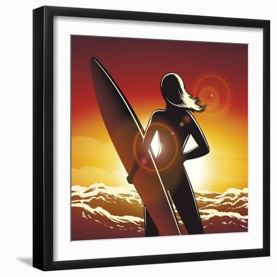 Young Surfer Girl with a Long Board on a Summer Beach-Olena Bogadereva-Framed Art Print