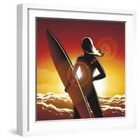 Young Surfer Girl with a Long Board on a Summer Beach-Olena Bogadereva-Framed Art Print