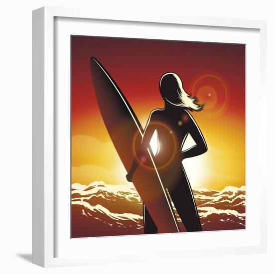 Young Surfer Girl with a Long Board on a Summer Beach-Olena Bogadereva-Framed Art Print