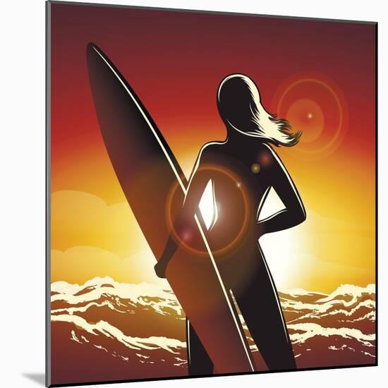 Young Surfer Girl with a Long Board on a Summer Beach-Olena Bogadereva-Mounted Art Print