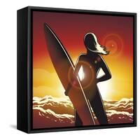 Young Surfer Girl with a Long Board on a Summer Beach-Olena Bogadereva-Framed Stretched Canvas