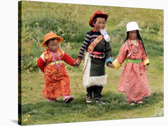 Young Tibetan Children Walk Hand in Hand Near Qinghai Lake-null-Stretched Canvas