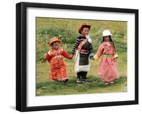 Young Tibetan Children Walk Hand in Hand Near Qinghai Lake-null-Framed Premium Photographic Print