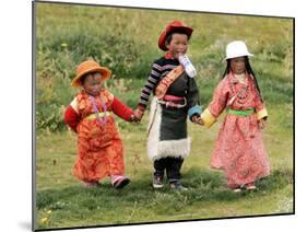 Young Tibetan Children Walk Hand in Hand Near Qinghai Lake-null-Mounted Premium Photographic Print