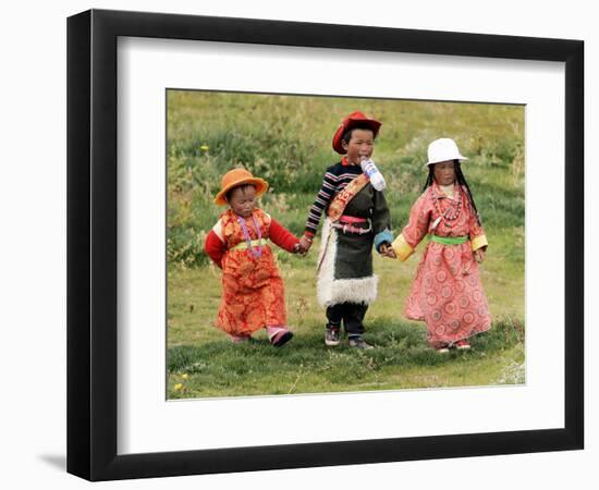 Young Tibetan Children Walk Hand in Hand Near Qinghai Lake-null-Framed Photographic Print