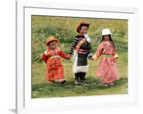 Young Tibetan Children Walk Hand in Hand Near Qinghai Lake-null-Framed Photographic Print