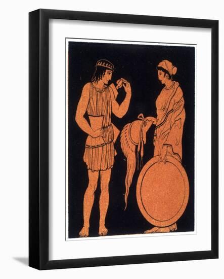 Young Warrior Arms Himself with a Cuirass While His Mother Brings His Helmet and Shield-null-Framed Art Print