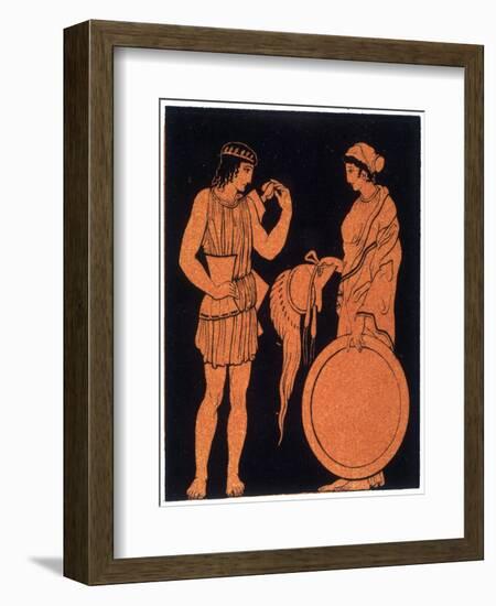 Young Warrior Arms Himself with a Cuirass While His Mother Brings His Helmet and Shield-null-Framed Art Print