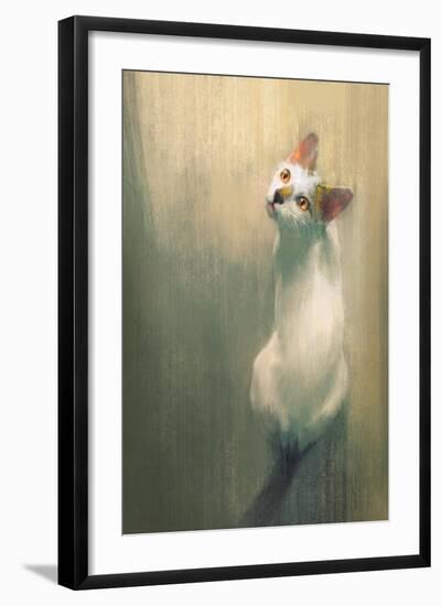 Young White Cat Looking Up,Digital Painting-Tithi Luadthong-Framed Art Print