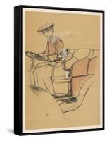 Young Woman and a White Bulldog in an Open Car-Cecil Aldin-Framed Stretched Canvas