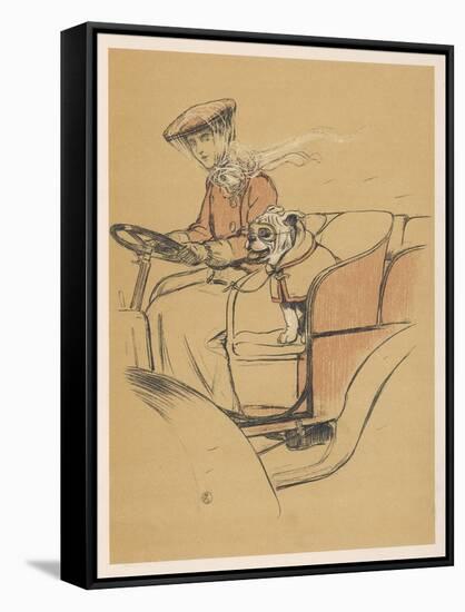 Young Woman and a White Bulldog in an Open Car-Cecil Aldin-Framed Stretched Canvas