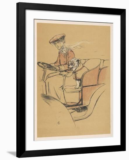 Young Woman and a White Bulldog in an Open Car-Cecil Aldin-Framed Art Print