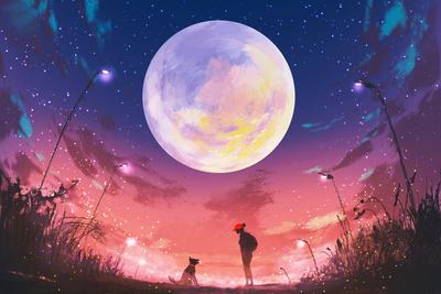 Young Woman And Dog At Beautiful Night With Huge Moon Above Illustration Painting Poster Tithi Luadthong Allposters Com