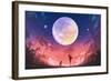 Young Woman and Dog at Beautiful Night with Huge Moon Above,Illustration Painting-Tithi Luadthong-Framed Art Print