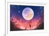 Young Woman and Dog at Beautiful Night with Huge Moon Above,Illustration Painting-Tithi Luadthong-Framed Art Print