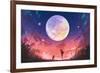 Young Woman and Dog at Beautiful Night with Huge Moon Above,Illustration Painting-Tithi Luadthong-Framed Art Print