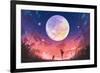 Young Woman and Dog at Beautiful Night with Huge Moon Above,Illustration Painting-Tithi Luadthong-Framed Art Print