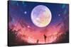 Young Woman and Dog at Beautiful Night with Huge Moon Above,Illustration Painting-Tithi Luadthong-Stretched Canvas