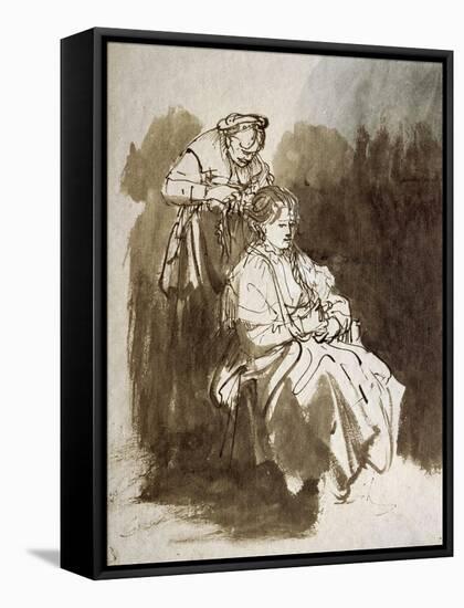 Young Woman at Her Toilet, Pen and Brown Ink, Brown Wash-Rembrandt van Rijn-Framed Stretched Canvas
