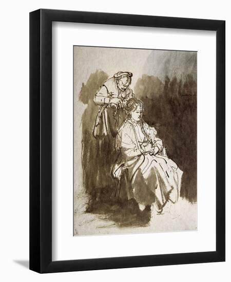 Young Woman at Her Toilet, Pen and Brown Ink, Brown Wash-Rembrandt van Rijn-Framed Giclee Print